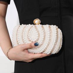 Vintage Ladies Pearl Evening Bag Handmade Bead Embroidery Clutch Bag Diamond Encrusted Banquet Handbag