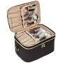 Double Layer Travel Makeup Bag with Strap Black Travel Hanging Makeup Bag Top Layer for Brushes
