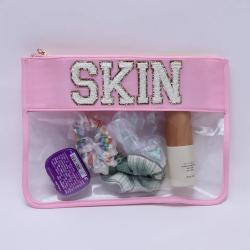 Keymay Chenille Letter Travel Organization Pouch Nylon and PVC Clear Flat Transparent Makeup Cosmetic Bag Clear Zipper Pouches