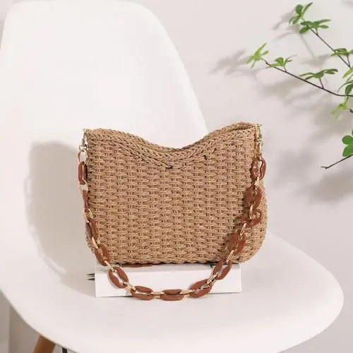 Summer women's bag new single shoulder solid color woven bag wholesale beach vacation bags women handbags ladies