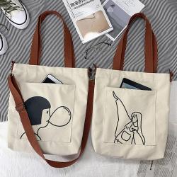 ZX020  Eco-friendly Cotton Canvas Tote Shopping Bag With Zipper Student Printed Grocery Washable Shoulder Bag With Pocket