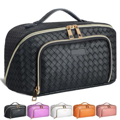 Customized Portable Travel Makeup Case Large Leather Cosmetic Bag with Strap Flat Lay Opening Waterproof Anti-Dust for Women
