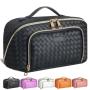 Customized Portable Travel Makeup Case Large Leather Cosmetic Bag with Strap Flat Lay Opening Waterproof Anti-Dust for Women