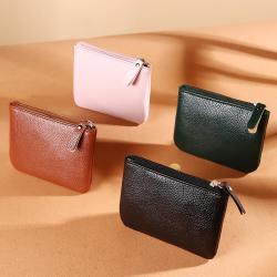 Men's and women's portable coin purse female 2024 new lychee grain zipper coin pouch solid color PU leather card bag wallets
