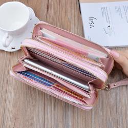 New women's long double zippered double-layer fashionable contrasting color large capacity zero wallet