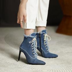 2024 New Design Lace-up Thin High Heel Women Pumps Denim Pointy Toe Ankle Boots For Women