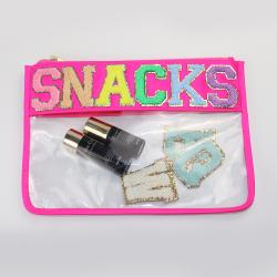 Hot Sale Transparent PVC Toiletry Wash Bag Snack Letter Patch Clear Beauty Makeup Organizer Travel Cosmetic Pouch