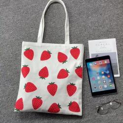 2024 New Strawberry Printed Reusable Canvas Bag Cartoon-Patterned Shoulder Bag Large Capacity Shopping Tote Bag