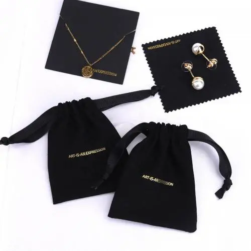 Custom Gold Stamping Cotton Linen Bracelet Necklace Jewelry Bag With Microfiber Cleaning Cloth Jewelry Card Packing Pouch