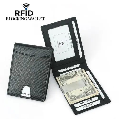 NEW Carbon Fiber Pattern Men's Leather Wallets RFID Blocking Card Bag Vintage Black Credit Card Holder Money Cash Clip