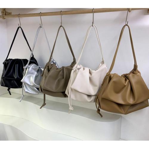 New autumn and winter soft leather drawstring pleated bag versatile solid color shoulder bag with large capacity underarm bag