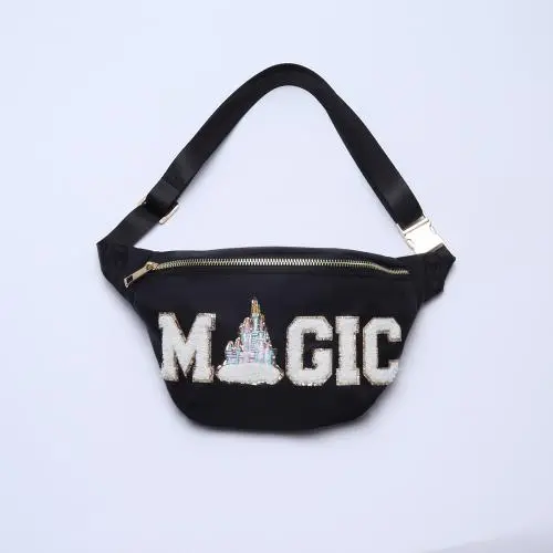 Keymay Embroidery Personalized Chenille Patches Outdoor Sports Waterproof Nylon Black Fanny Packs Waist Pack Pouch Waist Bag