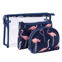 Fashion Cartoon Flamingo Print Waterproof Transparent Cosmetic Bag Travel Portable PVC Wash Storage Bag 3Pcs Set