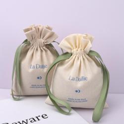 Custom Logo Printed Cotton Linen Cosmetic Drawstring Bag Organic Muslin Makeup Skincare Gift Cotton Pouch