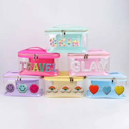Keymay Stock No MOQ Handle Organizer Transparent Personal DIY Letters Patches Beach Large Capacity PVC Makeup Travel Bag
