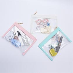 Deboss Logo PU & Clear Vinyl Portable Women Wedding Zipper Flat Pouch Transparent Travel Makeup Bag Evening Ladies Clutch Bag