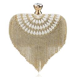 Hot sale gold rhinestone tassel pearl bag handbag metal chain shoulder clutch evening bags for wholesale