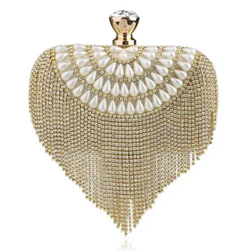 Hot sale gold rhinestone tassel pearl bag handbag metal chain shoulder clutch evening bags for wholesale