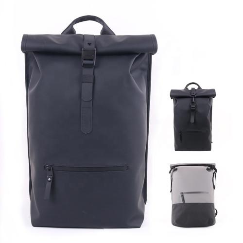 CHANGRONG Custom high quality black waterproof leather travel laptop top roll backpack men