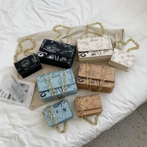 2022 Fashion Personality Versatile Graffiti Printing Small Bags Female Chain Portable Single Shoulder Pu Small Square Bags Whole