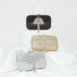 Good quality box clutch bag metal handle handbags glitter fabric shiny rhinestone flower purse tassels evening bag