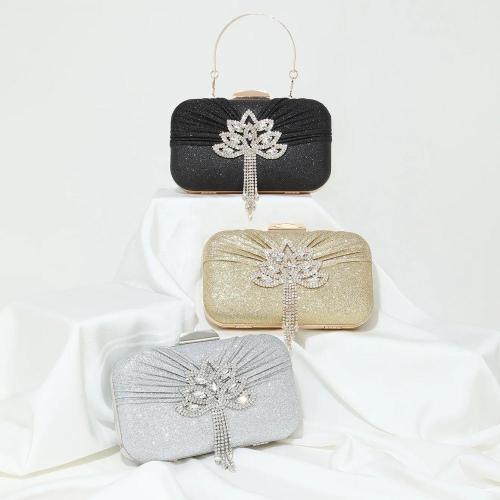 Good quality box clutch bag metal handle handbags glitter fabric shiny rhinestone flower purse tassels evening bag