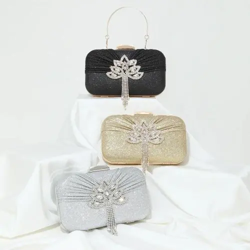 Good quality box clutch bag metal handle handbags glitter fabric shiny rhinestone flower purse tassels evening bag