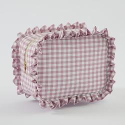 Large Capacity Nylon Travel Makeup Bag Storage bag Custom French Style Gingham Ruffle Cosmedtic Bag Round