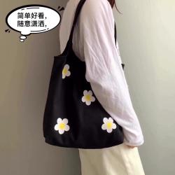 Women's Canvas Bag Reusable Shoulder Schoolbag with Cartoon Flowers Custom Logo Shopping Tote Bag
