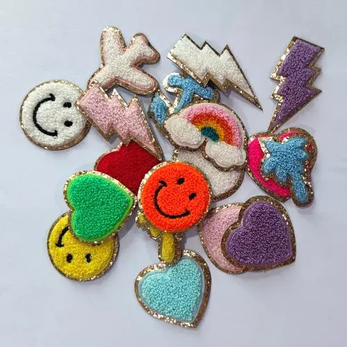 New Original&Arrival Custom Colorful Embroidery Glue Stick Iron on Plane/Anchor/Palm Tree/lightning/smiley/heart Sticker Patches
