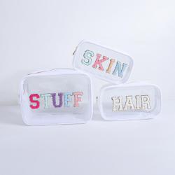 Keymay Custom Embroidery S M L XL Toiletry Bag Set Waterproof Handle Portable Zipper Letters Cosmetic Organizer Clear Makeup Bag
