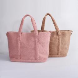 Soft Teddy Fabric Large Capacity Metal Zipper Adjustable Strap Portable Travel Ladies Custom Jelly Furry Sherpa Tote Bags