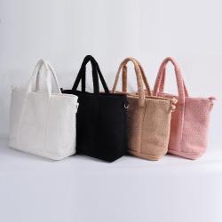 Hot Selling Custom Design Fashion Handbags Large Capacity Soft Sherpa Fabric Portable Travel Girls Gift Plush Teddy Tote Bag