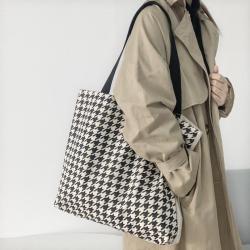 Large Capacity Retro Houndstooth Pattern Canvas Shoulder Bag Portable Shopping Bag Custom Logo Female Handbag Autumn-Winter
