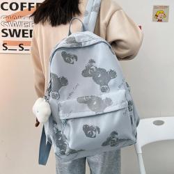 HR034 Korean Version Sen Series Girls Bag Nylon Waterproof Printed Campus Backpack Tourism Colorful Bear Interior Patch Bag