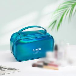 New custom laser pu cosmetic bag portable double layer colorful mirror leather storage bag custom logo