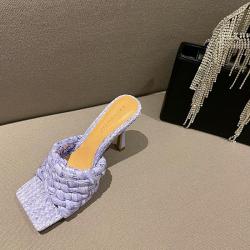 Summer Fashion Women Woven Rattan Flat Slippers Ladies Square Toe Pu Leather Slip On Slide Sandals