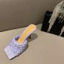 Summer Fashion Women Woven Rattan Flat Slippers Ladies Square Toe Pu Leather Slip On Slide Sandals