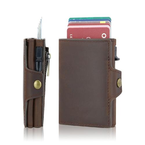 Expandable RFID Blocking Minimalist Metal Pop Up Wallet Slim Aluminum Card Holder Wallet for Men Eject Leather Card Holder