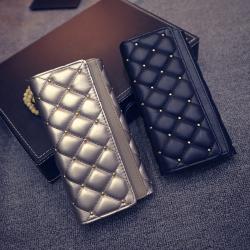 High quality Lattice Purses Fashion Ladies Long Clutch Coin Purses Fold Leather Wallets For Women