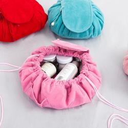 Customised Cosmetic Bag Large Capacity Flannel Lazy Make Up Pouches Foldable Drawstring Makeup Bag
