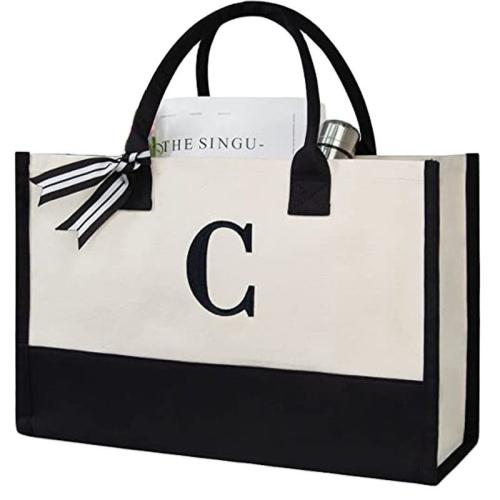 Gelory Customized Letter Logo Oversized Cotton Canvas Tote Initial Gifts Beach Bag Recycled Monogrammed Women Tote Bags