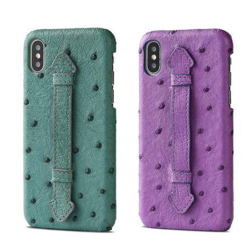 Custom Logo Multiple Color Genuine Ostrich Skin Leather Mobile Phone Case  Cover for iPhone With Handle