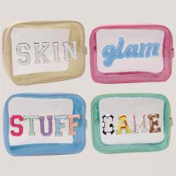 Keymay Stock 4 Pack Approved Bag Quart Size Chenille Letter Travel Makeup Cosmetic Bag for Women Transparent Toiletry Bag