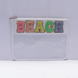 Keymay Transparent Pvc Flat Lay Makeup Bag Travel Snacks Bag Personalized Chenille Letter Cosmetic Bag Clear Pouch With Patches