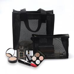 Custom Logo Printing Black Mesh Makeup Cosmetic Zipper Bag Hot Sale Handle Travel Zipper Mesh Pouches For Women