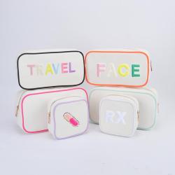 Keymay Custom Personalized Chenille Letter Patch Makeup Bag Women Travel Zipper Toiletry Pouch Canvas Cosmetic Bag