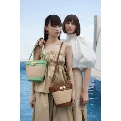 2022 Fashion PU Natural Straw Seagrass Women Bucket Bags Handbags Wide Cotton Braid Shoulder  Summer Handmade Straw Bucket Bag