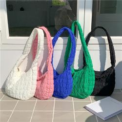 Fashion Minimalist Ladies Shoulder Bags Ruched Pleated Plaid Luxury Messenger Bags Crossbody Soft Nylon Casual Crescent Bag