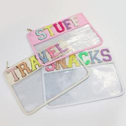 Keymay Hot Sale Stock RTS Low MOQ SNACKS TRAVEL Cosmetics Bag Women Tote Bag With Sewing On Letter Patches Make Up Pouch